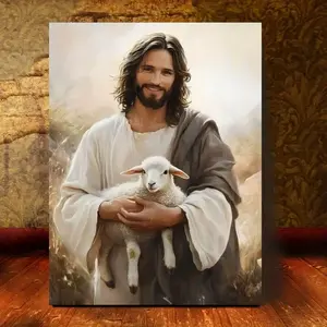 One solid wood framed wall mural depicting Jesus embracing the lamb. This religious Christian wooden framed printed artwork wall decoration can be hung directly on the wall and is suitable for home wall decoration, living room decoration, bedroom decorati