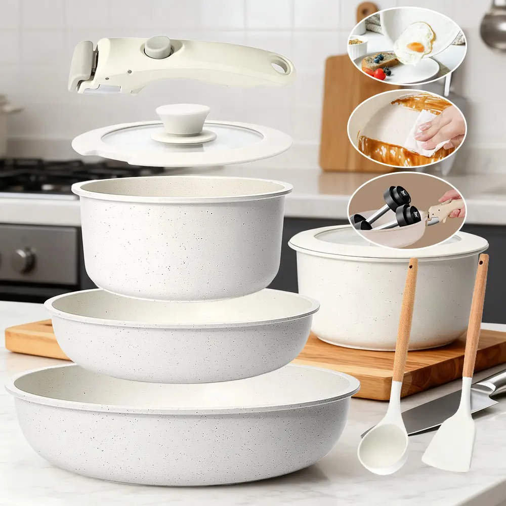 Set of 7Pots And Pans, Nonstick Cookware with Removable Handle, Suitable for Induction, Safe for Dishwasher And Oven