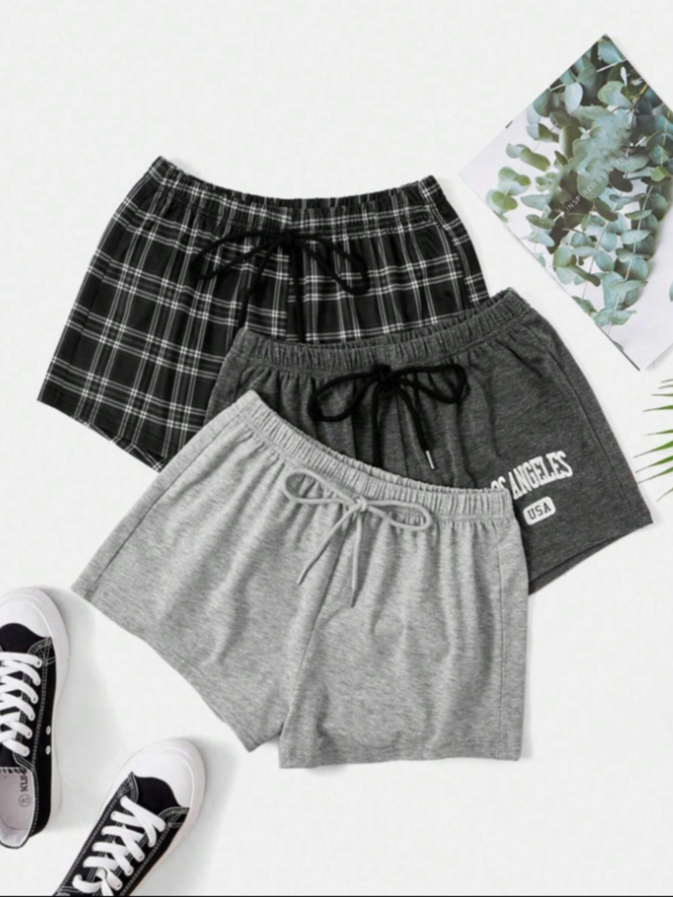 Women's 3pcs Elastic Waist Sleep Shorts, Casual Comfy Pajama Drawstring Waist Sleeping Shorts for Daily Indoor Wear, Women's PJ Bottoms for All Seasons, Summer Outfits 2024