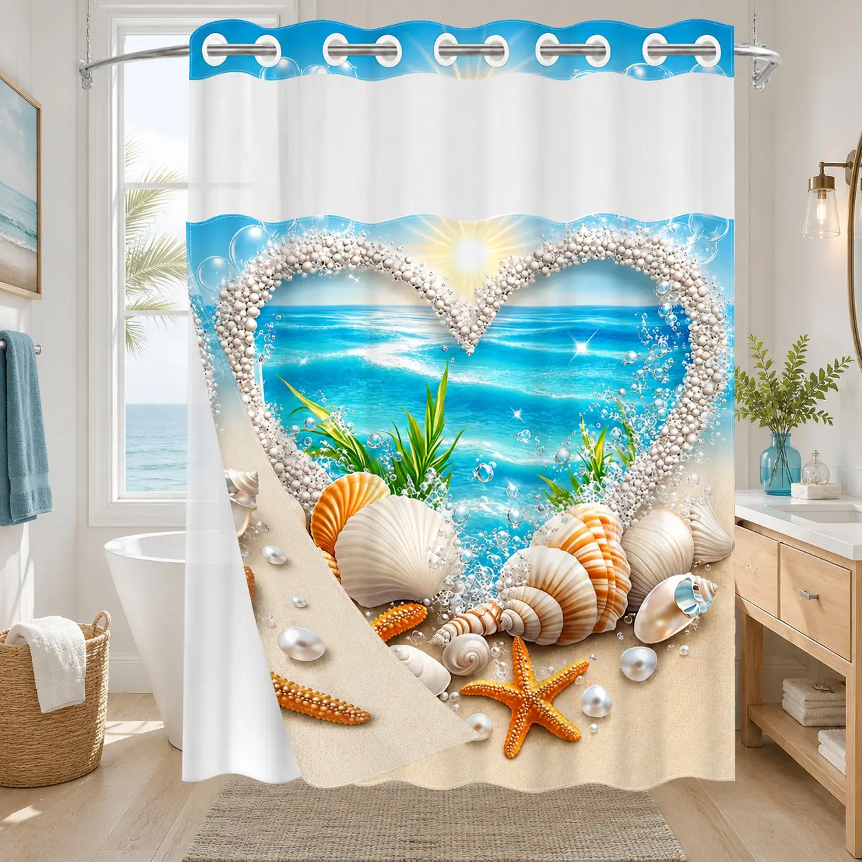 1PC 2D Flat Ocean Heart, Seashell, Starfish & Pearl Pattern Double-Layer Woven Shower Curtain, No Hooks, Transparent Top Window, Removable Snap-On Liner, Romantic Coastal Bathroom Art Decor, Bathroom & Holiday Decoration
