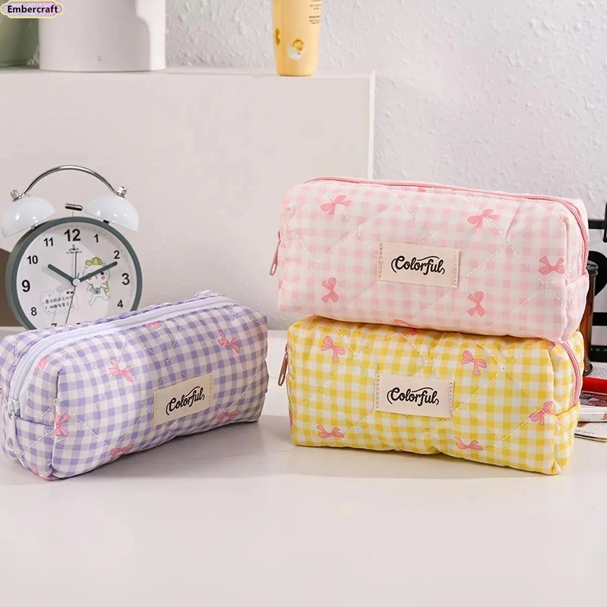 Aesthetic Bow Pencil Case for Girls, Retro Plaid Gradient Stationery Pouch, Large Capacity Pen Organizer for Markers, Back to School & College Supplies