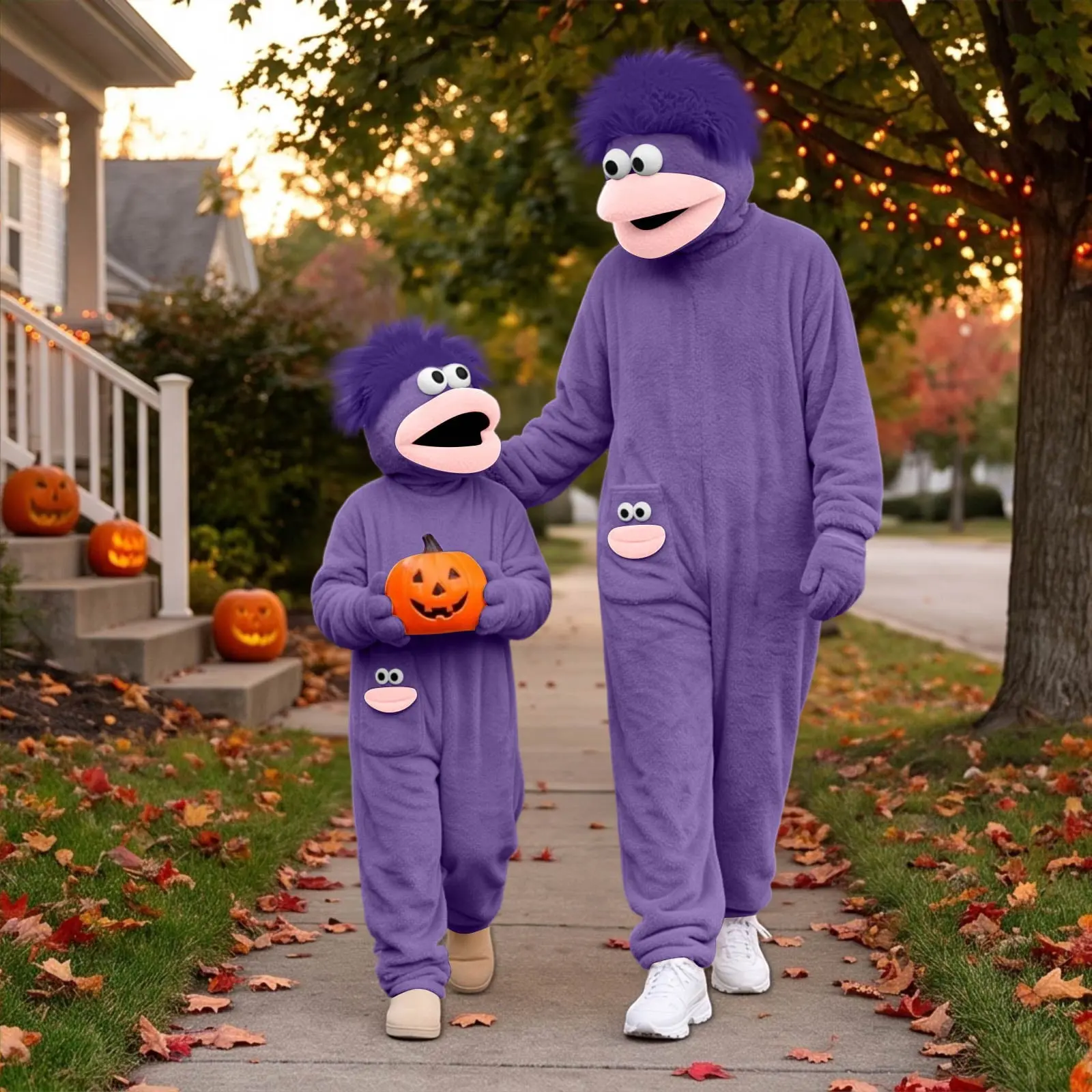 Big Mouth Monster Onesie for Women/Men, Halloween Plush Jumpsuit with Furry Hood, Slippers & Comb — Adult Funny Loungewear Costume Dark Purple M flannel pajamas