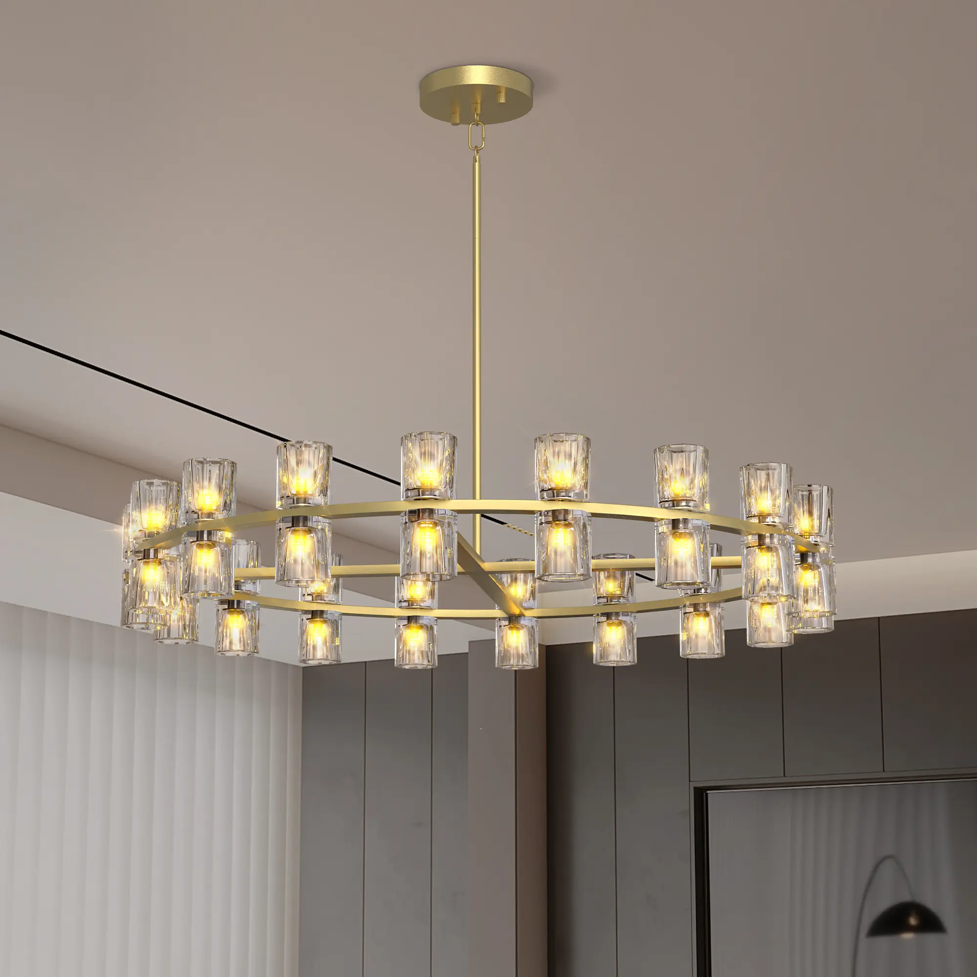 Nokaa 36" Gold Round K9 Crystal Chandelier Light Fixture, Modern Ceiling Light for Dining Room Living Room Bedroom Foyer Hallway Over Table, Adjustable Height Iron Metal, Includes 36 G4 Bulbs