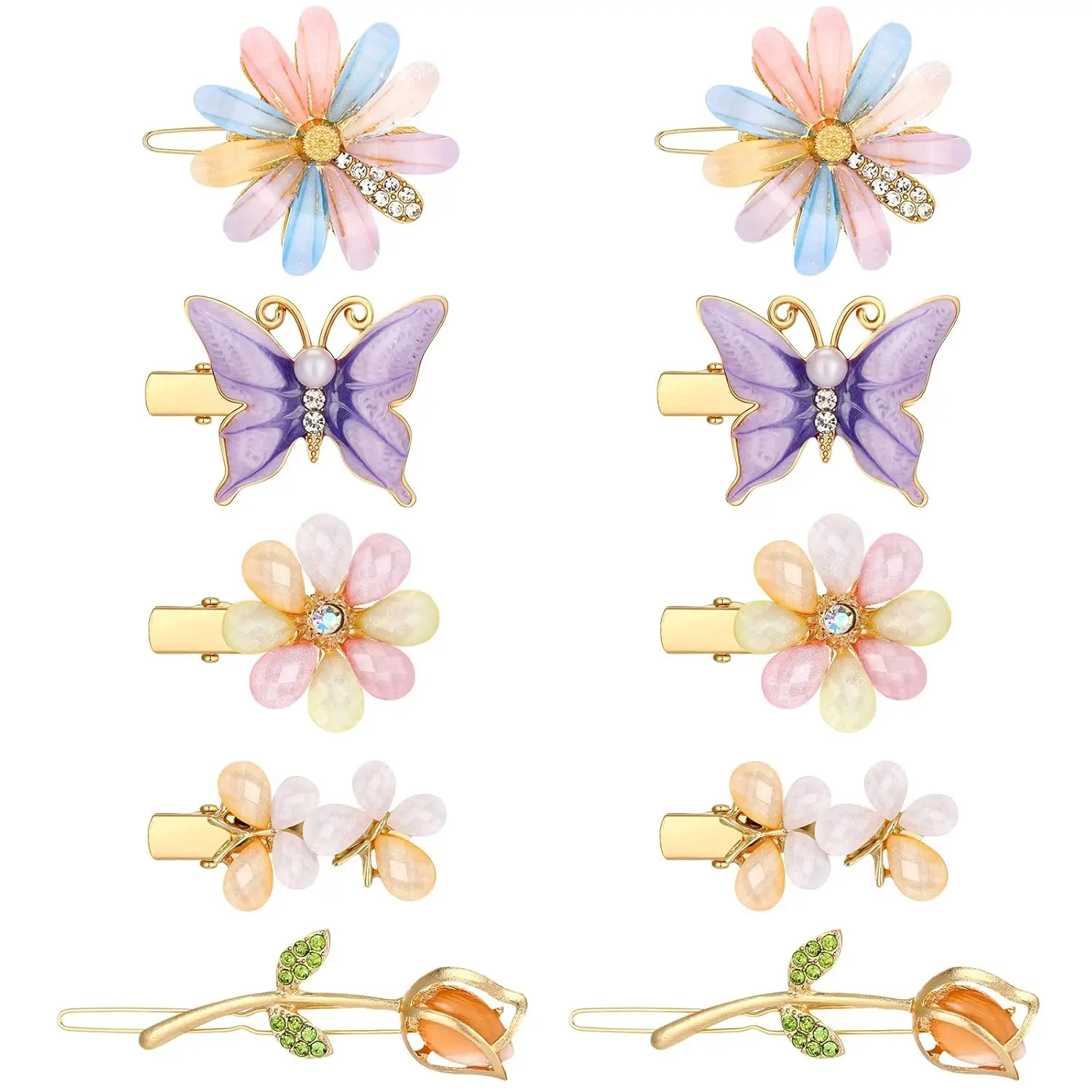 Female 10-Pcs Handmade Decorative Hair Accessories Set - Metal Barrettes, Bobby Pins with Floral, Butterflies, Rhinestone, Glitter Crystal Details, Synthetic Flowers Jewelry for Wedding (Fresh Style)