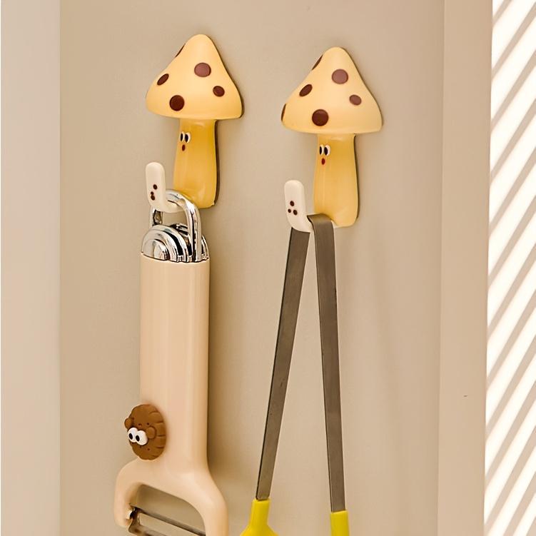 Set of 4Cute Cartoon Mushroom-Shaped Hooks, Self-Adhesive And No-Drill Wall-Mounted Hooks, Creative Key Holders, Coat And Towel Storage Racks, Bathroom And Kitchen Wall Decor (Blue + Yellow)