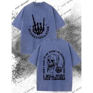 230G Washed Vintage Skull T-Shirt I Will Break Your Heart Slogan Graphic Regular Fit Short Sleeve Casual Streetwear Unisex Machine Washable Holiday Gift