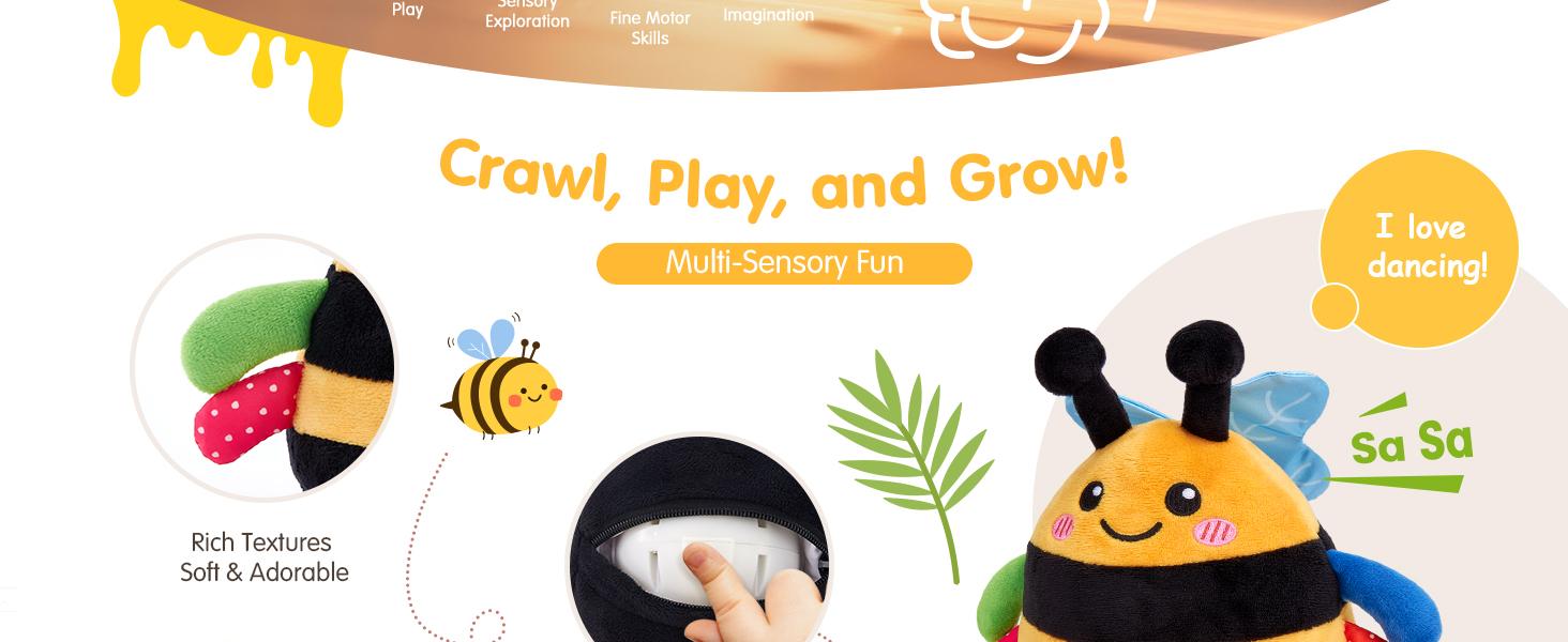 Baby Toy for 6 + 12 18 Months – Crawling Musical Dancing Bouncing Learning Bee Plush, Interactive Tummy Time Toy for 1 2 3 Year Old Boys Girls Baby Easter Basket Stuffers