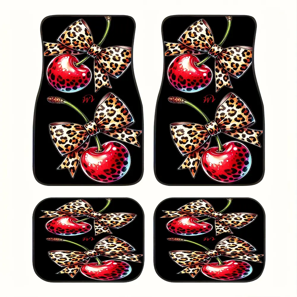 4-piece set of leopard print, bow and cherry pattern printed car floor mats - full coverage for front and rear seats, crystal velvet surface suitable for sedans, vans, and SUVs