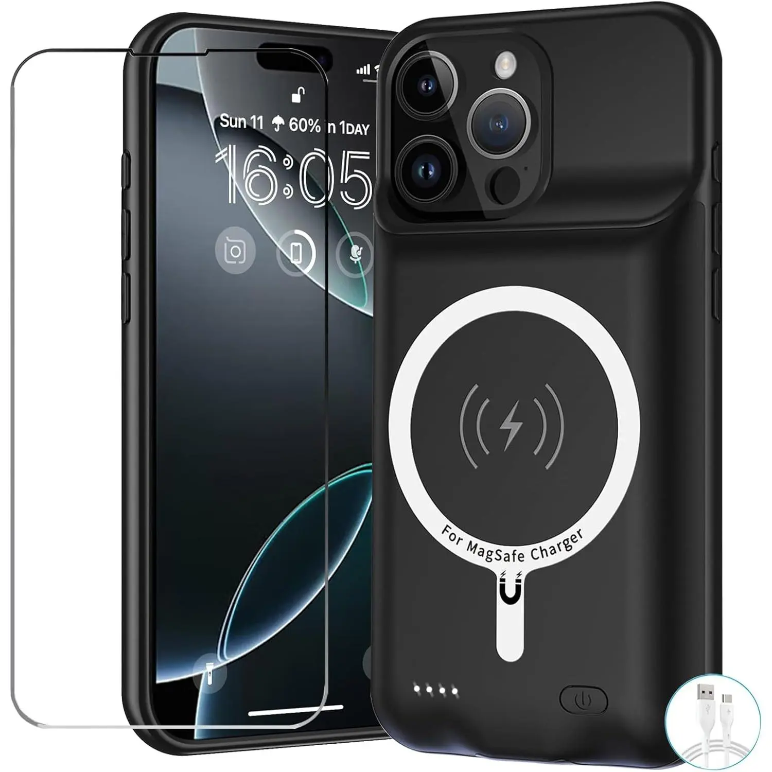 Upgraded 12000mAh Rechargeable Battery Charger Case with Wireless Charging External Battery Charging Cover for 6.9 inch iPhone 16 Pro Max Black