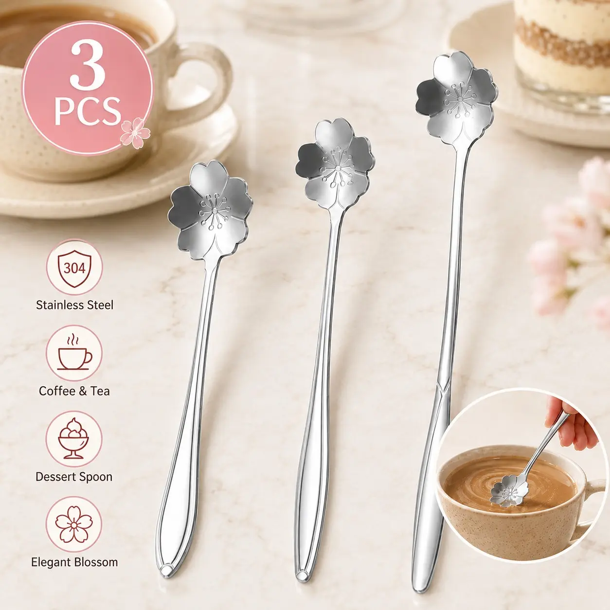 Sakura 3-Piece Silver Stainless Steel Long-Handled Flower-Shaped Teaspoons, 5/6/7-inch Stainless Steel Stirring Spoons and Ice Cream Scoops. Suitable for home, workplace, and bar use. Ideal for coffee stirring, afternoon tea snacks, and cocktails