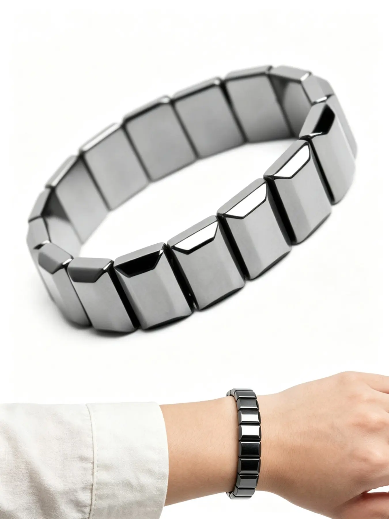 Trapezoid Obsidian Magnetic Bracelet, Geometric Obsidian Bead Wristband, Metal Texture Fashion Daily Accessory