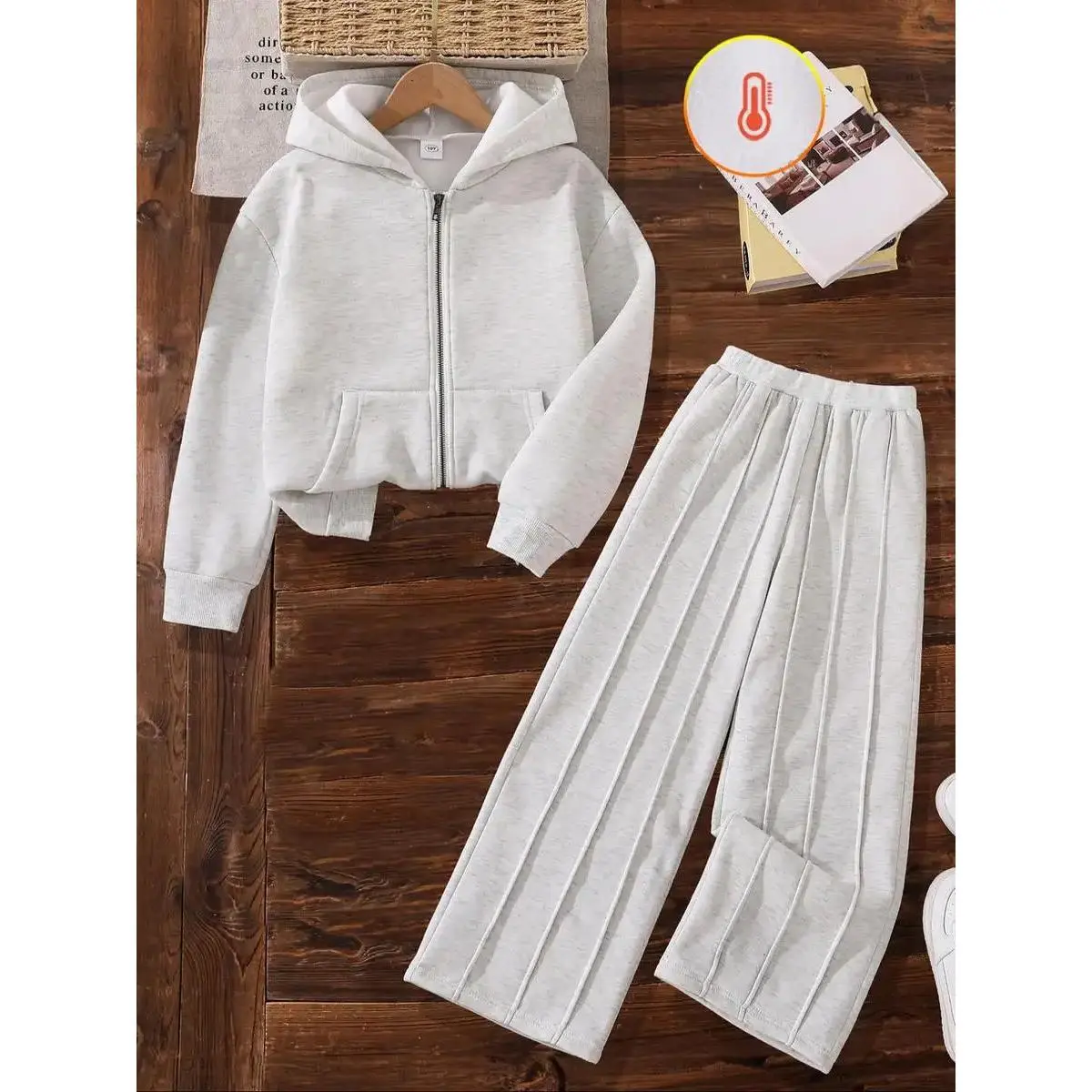 Girls' Fleece Lined Hooded Sweatshirt Set, Long Sleeve Zipper Design, Fitted, Elastic Waist Pants, Casual Comfortable