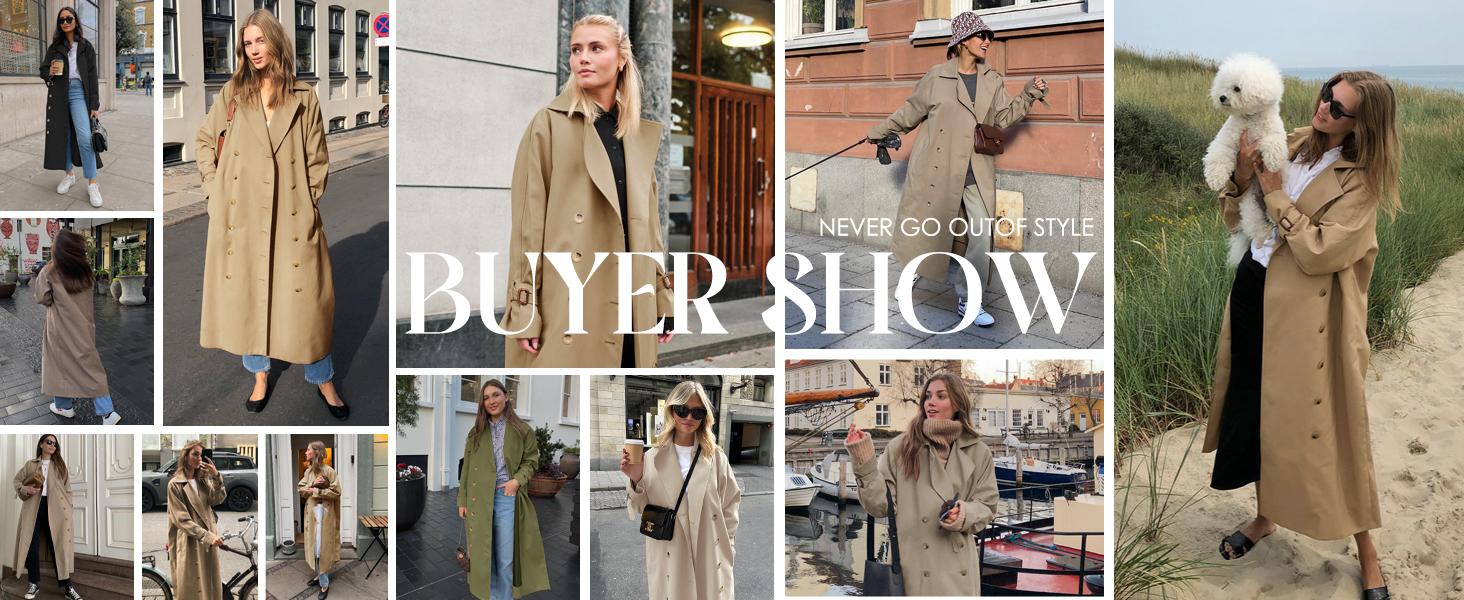 Womens Long Trench Coat Oversized Double Breasted Windproof Classic Lapel Casual Fall Overcoat Tops Womenswear