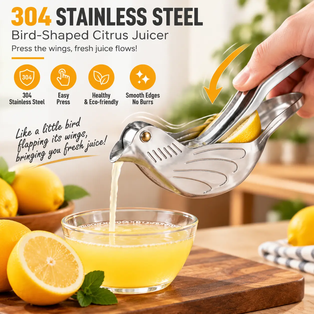 304 Stainless Steel Lemon Squeezer, Bird-Shaped Manual Citrus Juicer Press, Easy One-Hand Handheld Fruit Juicer for Lemon Lime Orange, Fresh Juice Maker Kitchen Gadget, No Mess No Seed Extractor Tool-YY2