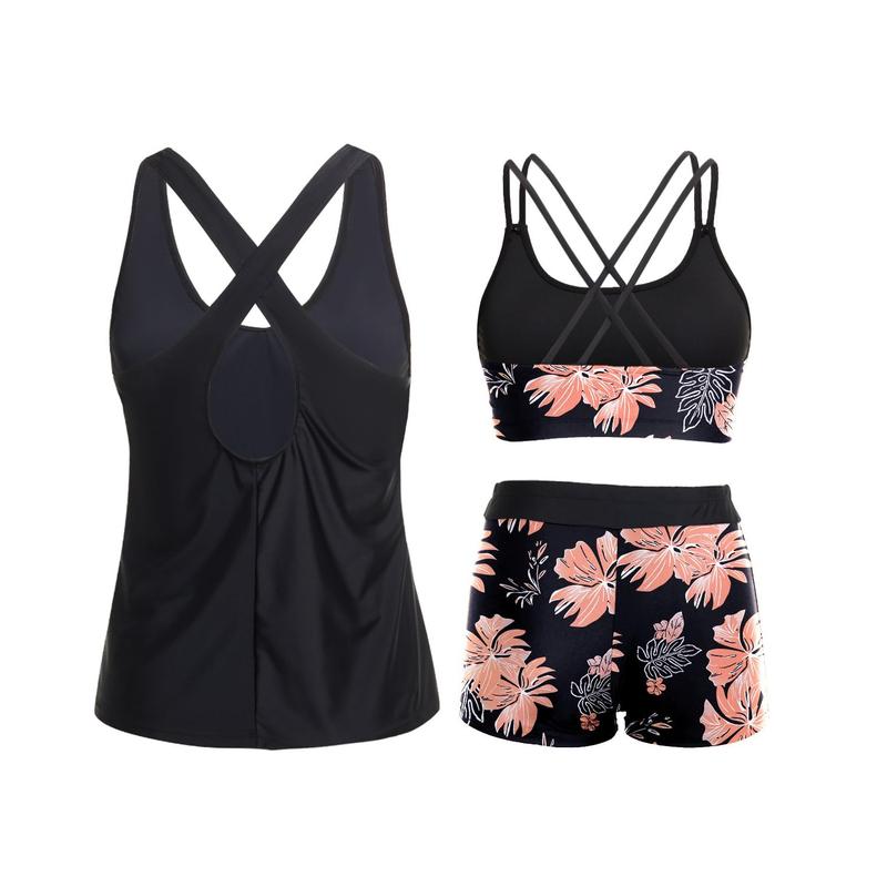 Holipick Three Piece Tankini Set Swimsuits for Women Bathing Suits Swim Tank Top with Bra Boy Shorts Teens Girls Swimwear