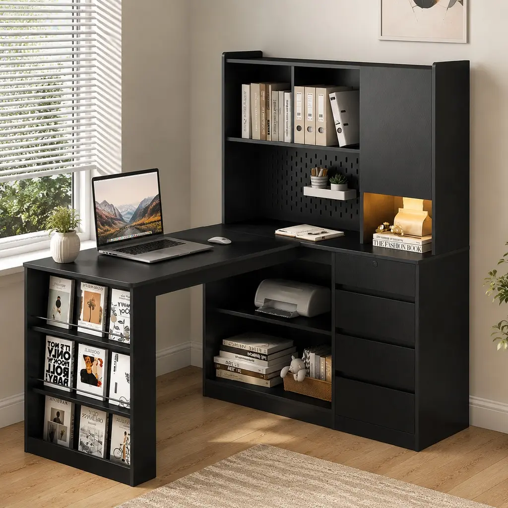 ARCH L Shaped Desk with Charging Station, Computer Desk with Drawers and Bookshelf, LED Lights, Modern Corner Desk for Home Office, Writing Study Table, Gaming Workstation with Storage, Black MDF