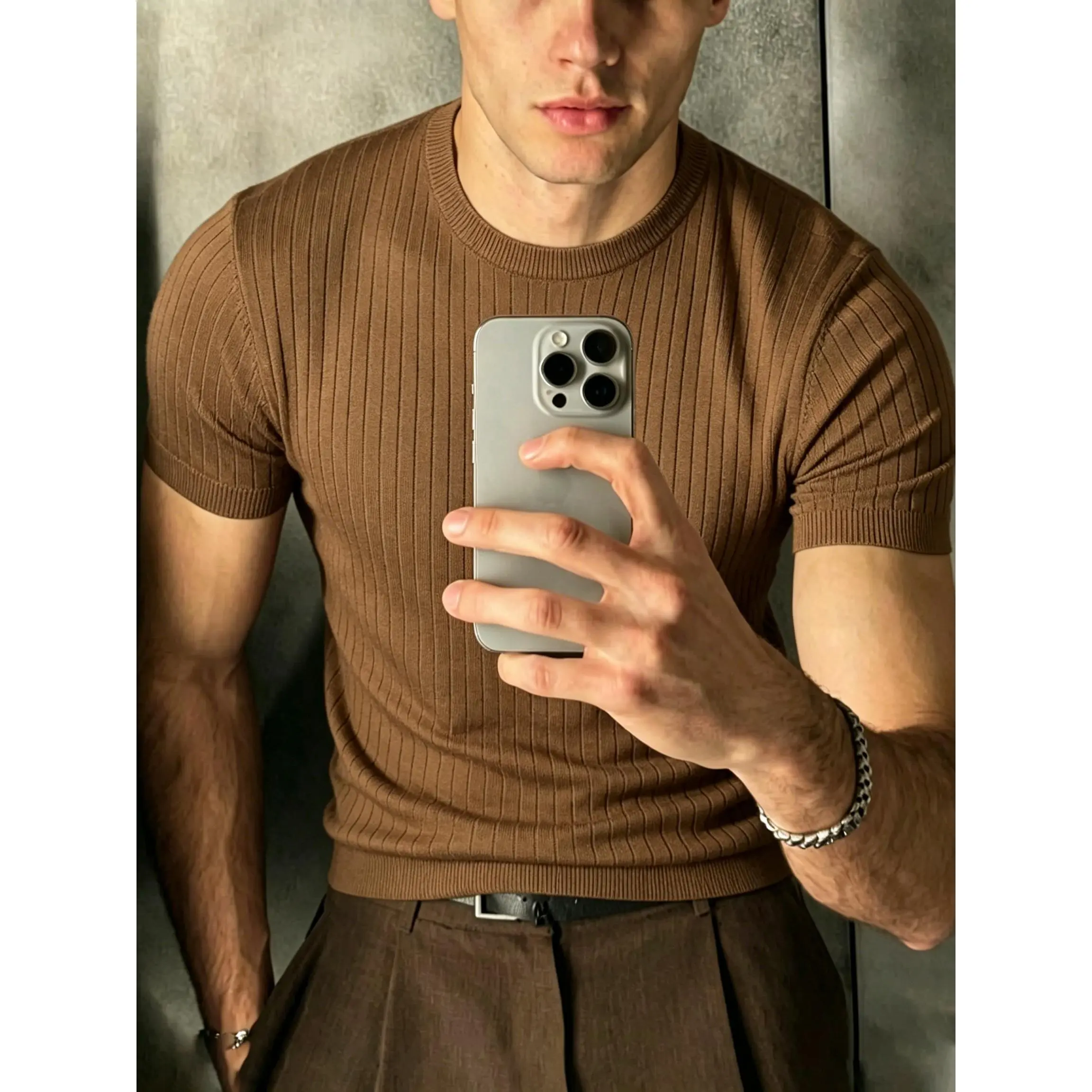 Soft vertical rib knit short sleeve crew neck tee with slim tailored stretch fit, smooth lightweight breathable fabric, minimalist close-fitting silhouette premium daily staple to craft sleek sophisticated modern mensfashion looks