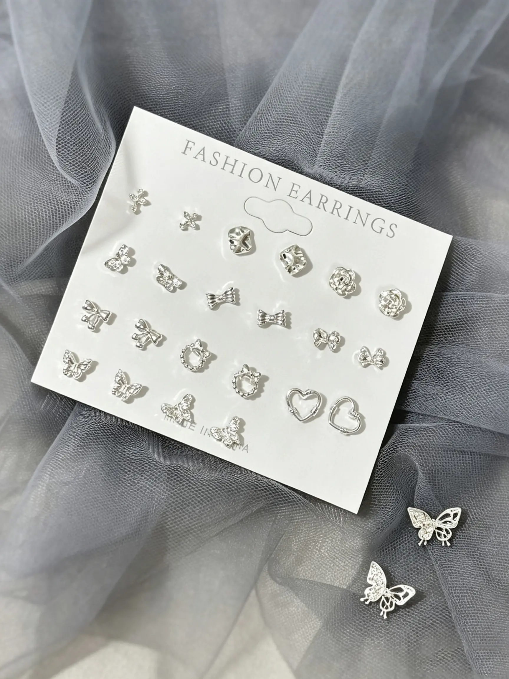 Sweet Elegant Silver Color Mini Earrings Set, Butterfly Heart Rose Cutout Small Earrings, Women's Daily Layering Jewelry, Bridesmaid Jewelry