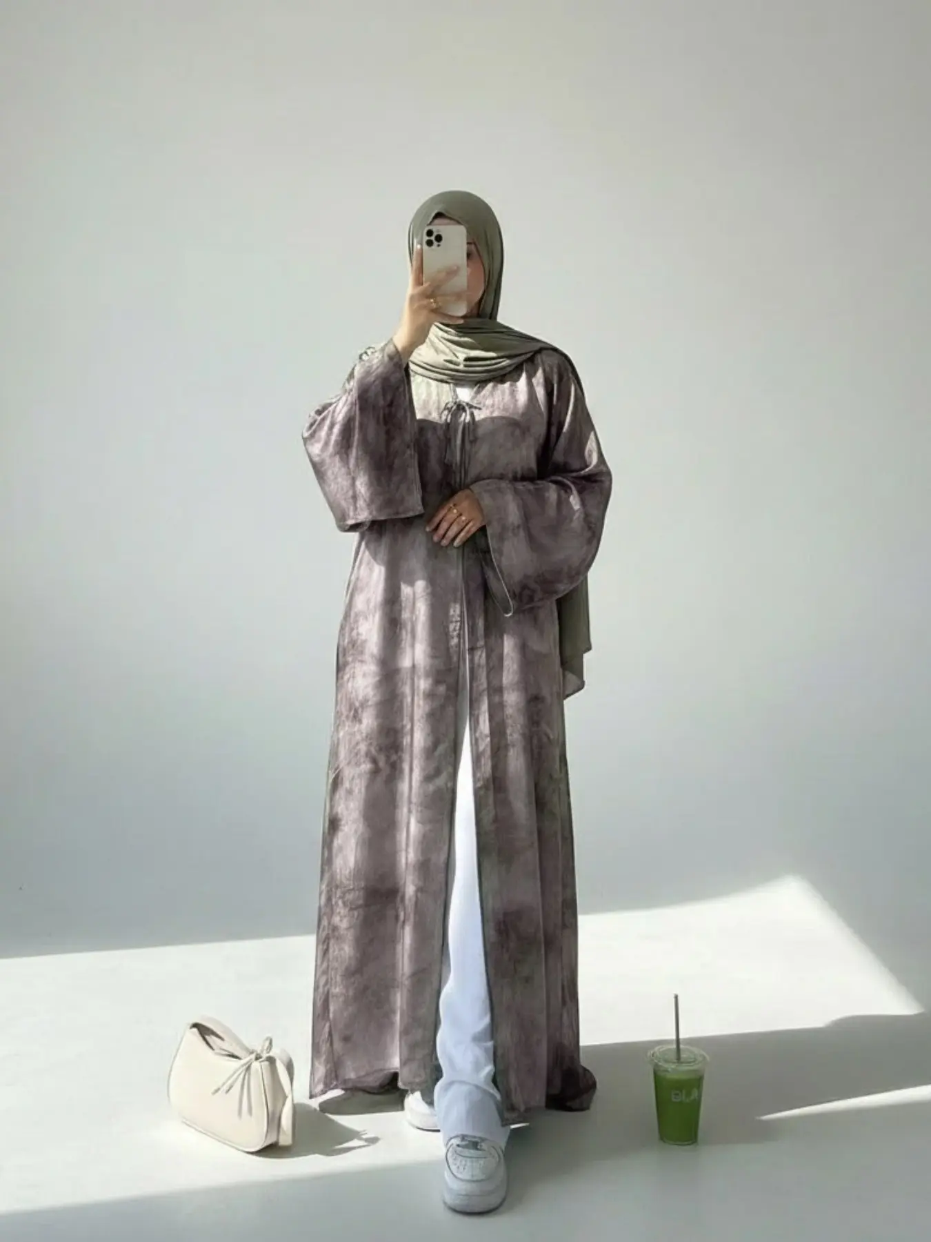 New Muslim Women's Gradient Tie-Dye Glossy Satin Open Front Robe, Loose Fit Bell Sleeve, Elegant Islamic Clothing Casual Outerwear, No Headscarf Included