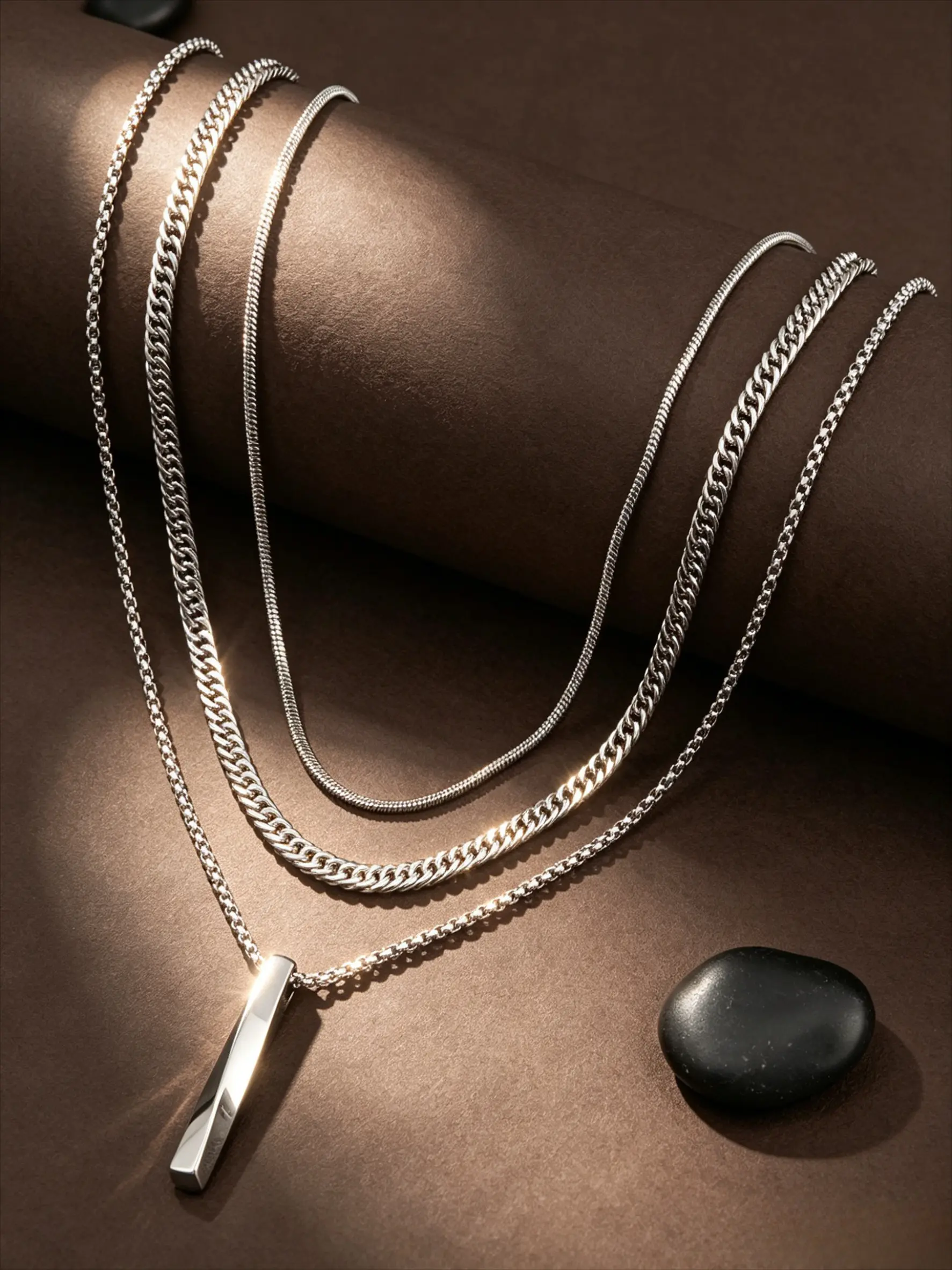 3Pcs Stainless Steel Layered Necklace Set, Thin Flat Snake Chain, Mini Cuban Link Design Chain, Vertical Bar Tag Pendant, Tarnish Resistant Hypoallergenic Minimal Stackable Multi-Layer Daily Jewelry Gift For Women Men