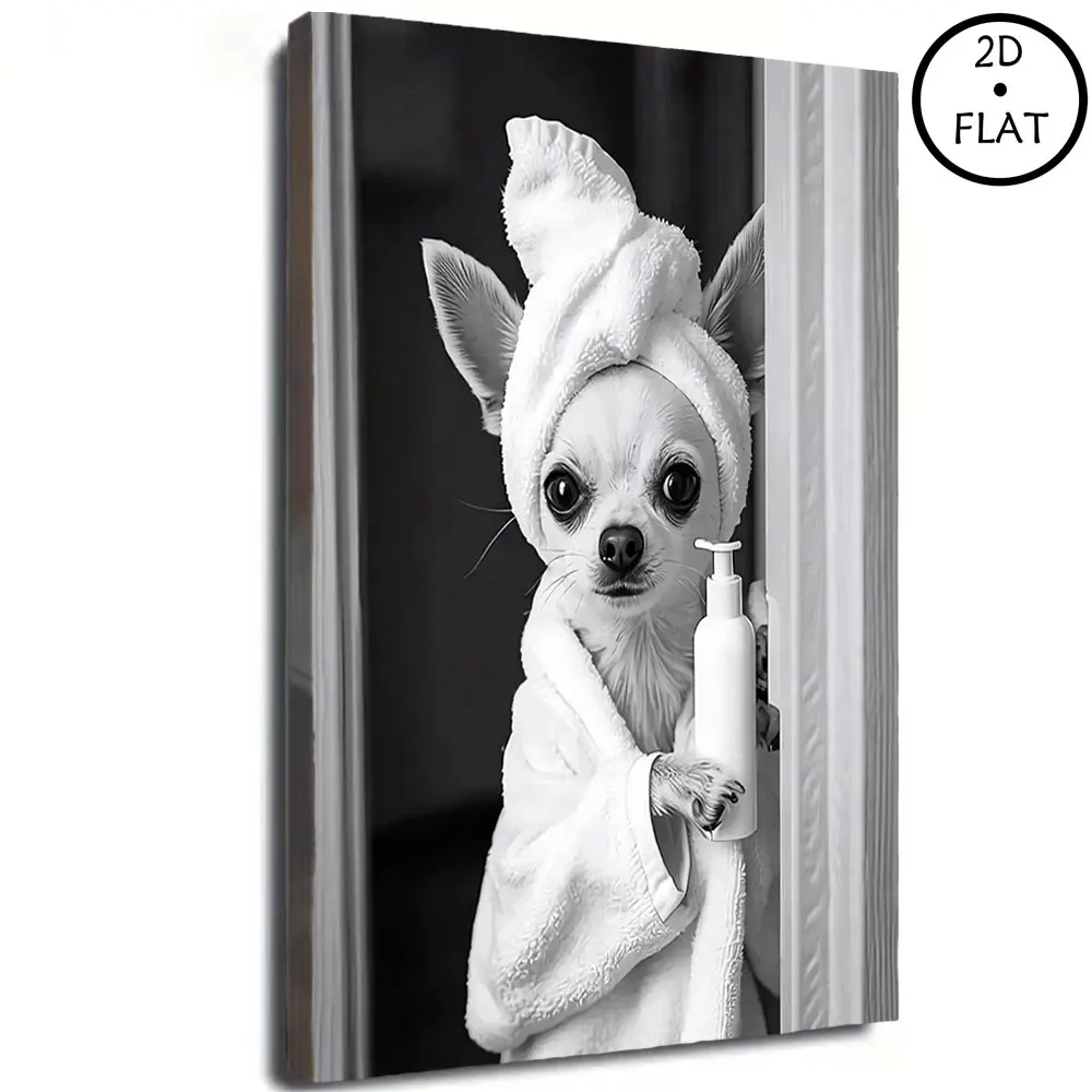 Quirky Bathroom Wall Decor, Unframed Black And White Canvas Print of Funny Chihuahua Wearing Towel, Spa Dog Art Poster for Guest Toilet Decoration  , dopamine   Decor   items Personalized Pet Portrait church unique art decoration
