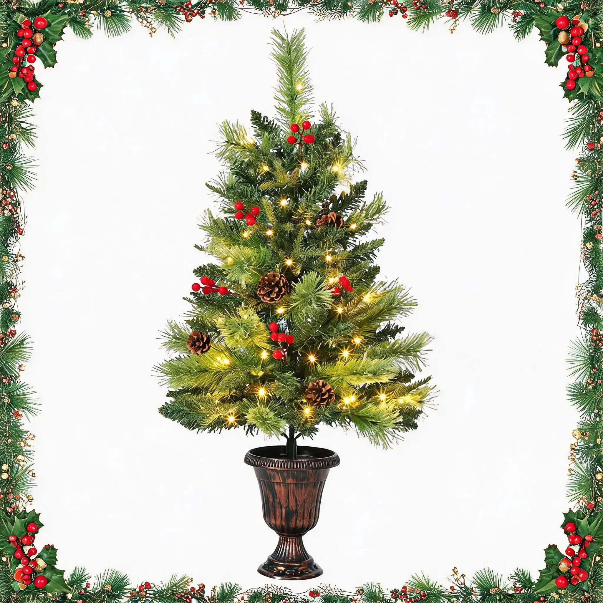 Artificial Mini Christmas Tree, Tabletop Christmas Tree with LED Warm Lights, Mini Xmas Tree with Pine Cone & Red Berry for Tabletop, Home, Office, Holiday, Indoor and Outdoor Decor
