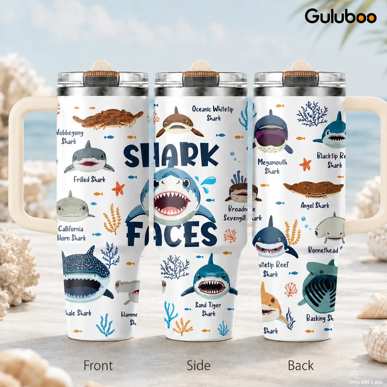 Cute Shark Faces Guide Vacuum Flasks 40oz 3rd Gen Vacuum Insulated Stainless Steel Tumbler with Handle, Straw Lid, Leak-Resistant Travel Mug for Water, Coffee, Gifts, Office, Gym & Car Cup Holder