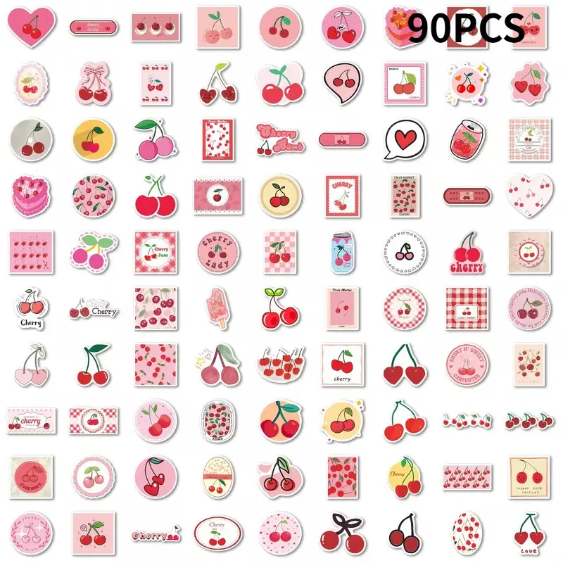 90pcs Cherry Sweet & Bright Sticker Set, Colorful PVC Decals with Cute Cherry Design, Ideal for Laptops, Diaries, Water Bottles, Gifts