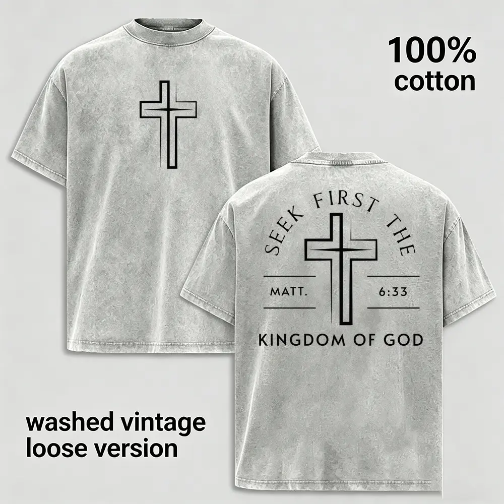 Vintage Acid Wash T Shirt Men Oversized Cotton Tee Streetwear, Seek First The Kingdom of God Matt 6:33 Christian T-Shirt, Cross Faith Retro Short Sleeve Tops, Gift for Husband Boyfriend, Light Grey Heavyweight Loose Fit Clothing