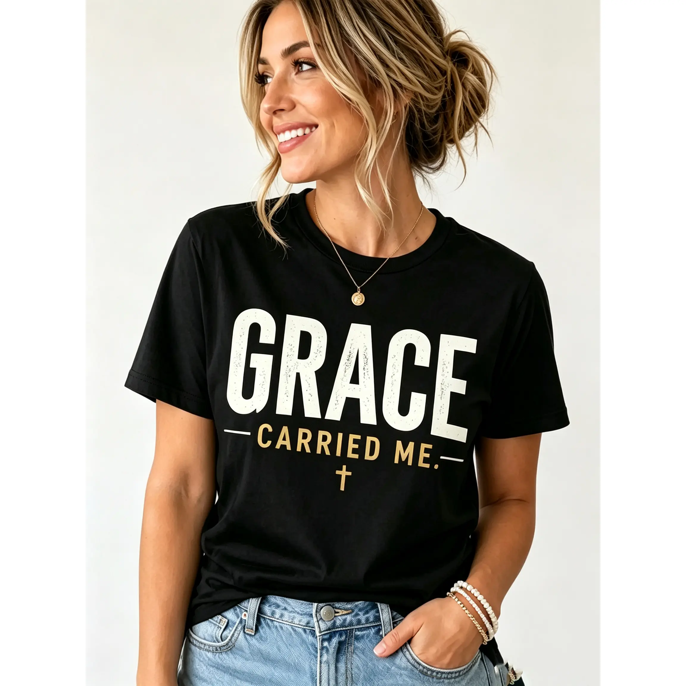 Women's Grace Short-Sleeve Round Neck Cotton Twill T-Shirt - Olive Green Digital Print Cross, Inspirational Religious Quote, Faith-Based Casual Tee, Minimalist Loose Fit Sports Top, Shortsleeve, Tshirt, T Shirts For Women, Women's Graphic Tees
