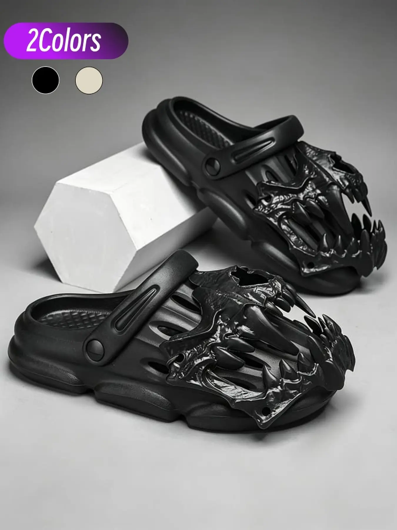 Cool Alien Dinosaur Skull Men Clog Slides Adjustable Heel Strap Anti-slip Thick Sole Chunky Clogs Two Colors Optional Eye-catching Personality Slippers For Street Fashionistas Home & Outdoor