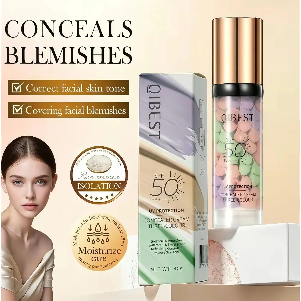 3-In-1 Facial Sun Cream for Adults - Sunscreen Protector, Broad Spectrum Sun Protection Concealer & Foundation, Contains Both, Hydrating, Oil Control, Waterproof, Sweatproof, Color Correcting, Even Skin Tone, Natural Look, SPF Formula, All Skin Types