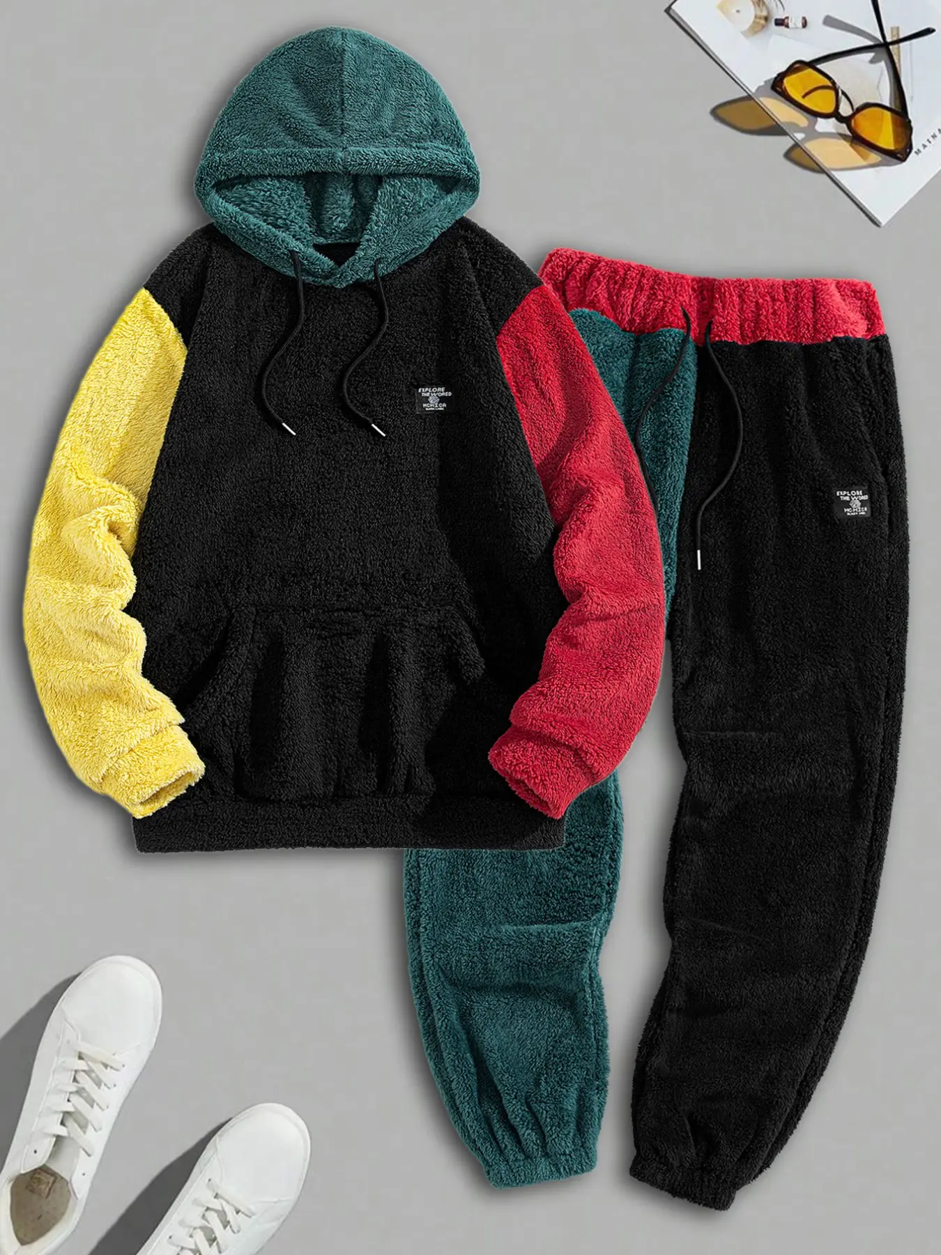Men's Contrast Color Patchwork Fluffy Fleece Tracksuit, Tag Hoodie & Colorblock Jogger Pants, Cozy Warm for Lounge & Daily Wear, Colorblock Tracksuit Set