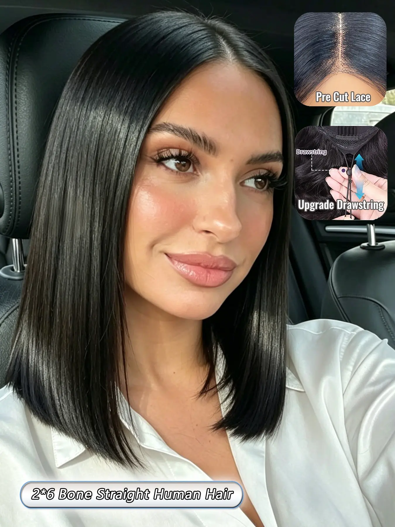 Human Hair Bob Wig, 2x6 Glueless Lace Closure with a Seamless Center Part, 12 Inch Bone Straight Black Hair, Precision Bob Shape, Secure Flexible Cap, Designed for Women Who Love Clean Everyday Styling