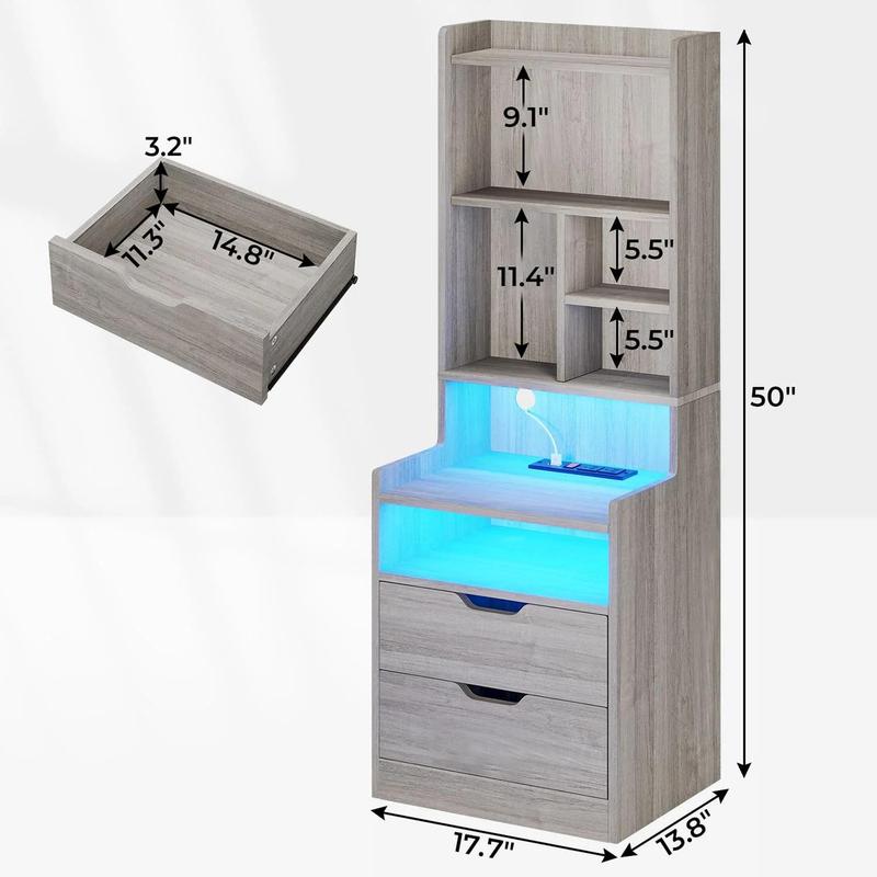 Sikaic LED Tall Nightstand with Bookshelf Charging Station Grey Modern Side Table Bedside Cabinet RGB LED Lights 2 USB Ports & 2 Power Outlets for Bedrooms and Living Rooms Sikaic LED Tall Nightstand with Bookshelf Charging Station Grey Modern Side Table Bedside Cabinet RGB LED Lights 2 USB Ports & 2 Power Outlets for Bedrooms and Living Rooms