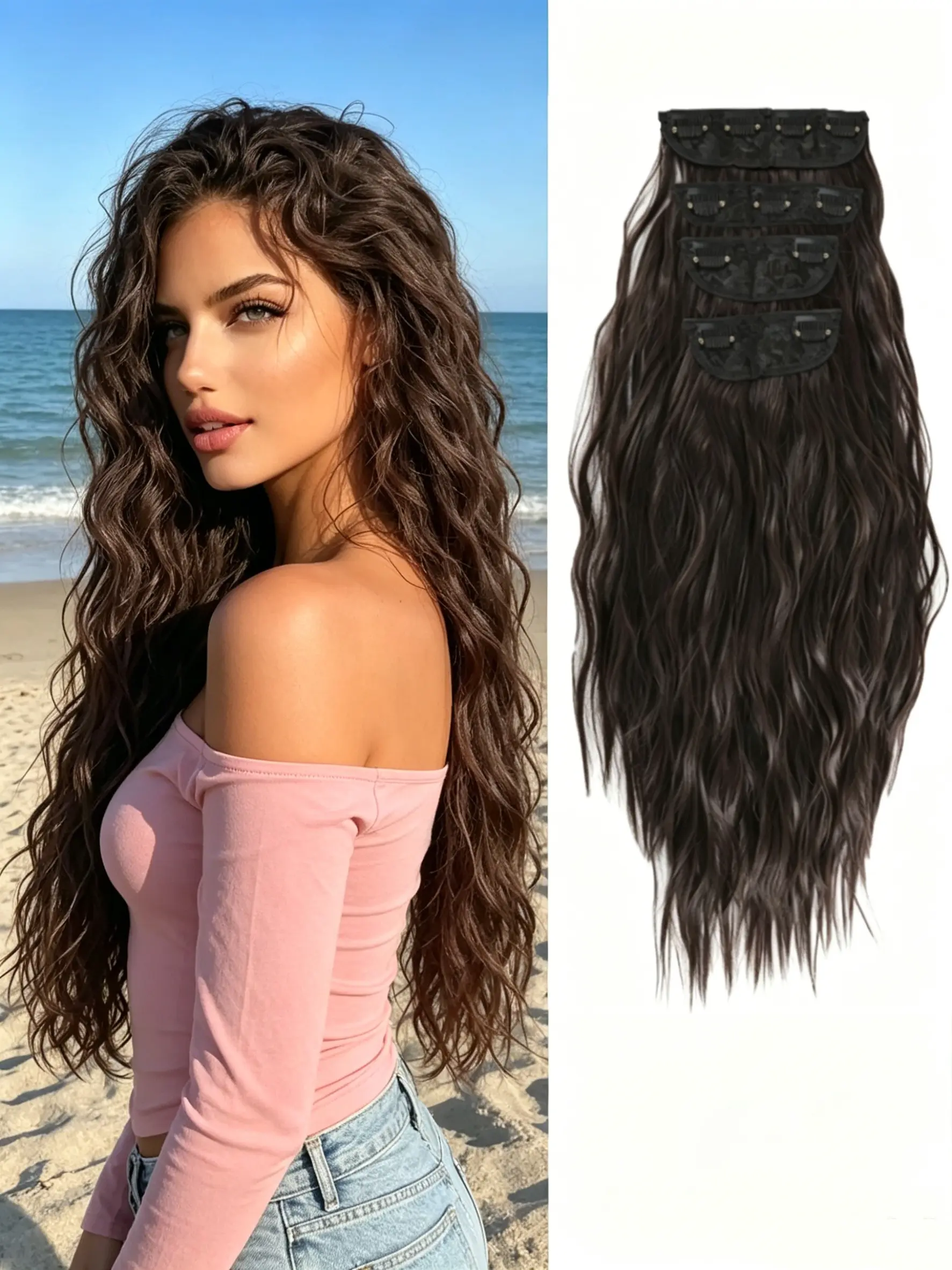 🌴 Beachy Deep Brown Water Wave Clip-In Hair Extensions | Thick Double Weft Synthetic Hairpieces, Secure Clips for Effortless Volume & Fullness!