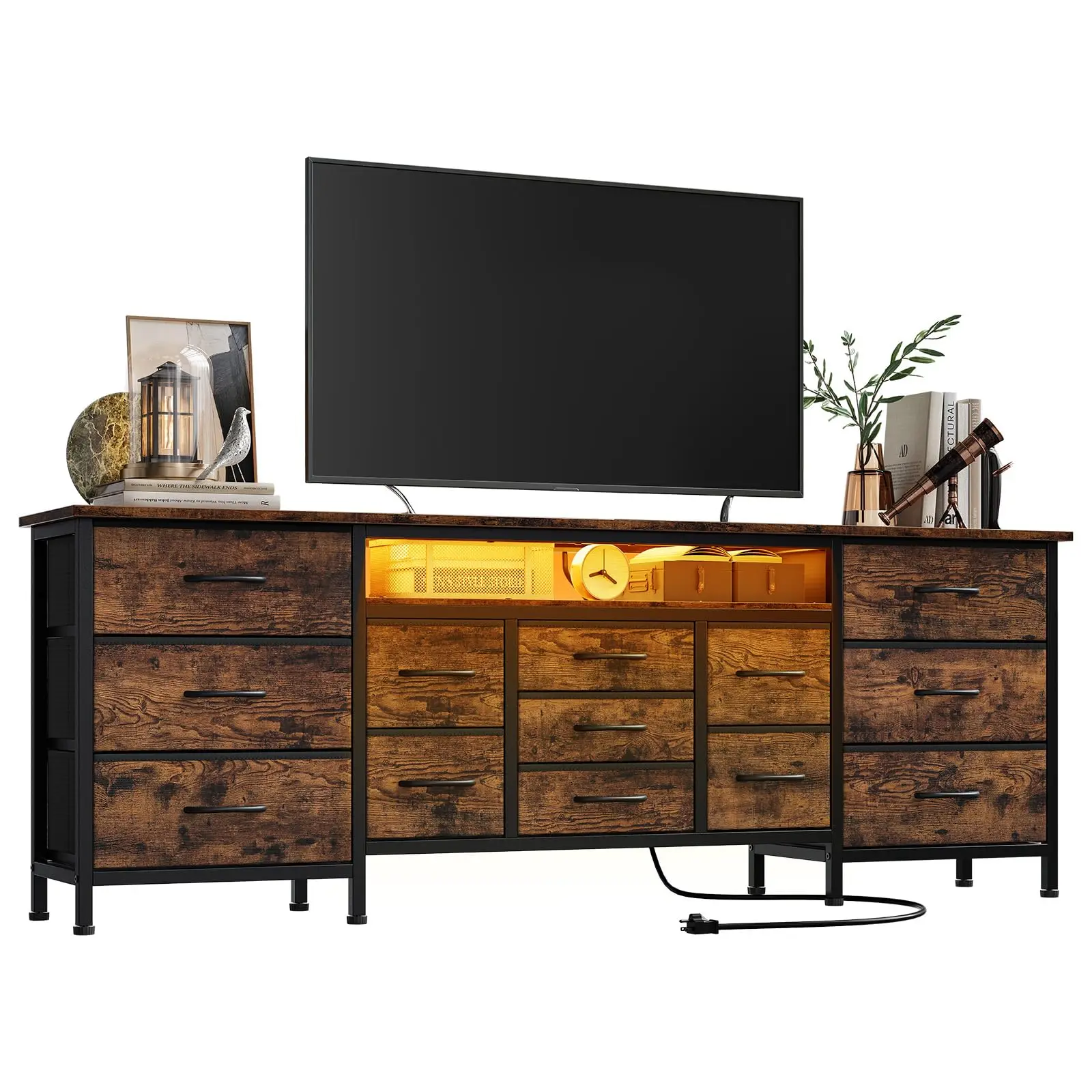 Garvee 70 Inch TV Stand Dresser for 65-80 Inch Screens, Entertainment Center with 13 Fabric Drawers, Built-in Power Outlets & LED Lights, Spacious Storage Cabinet for Bedroom and Living Room