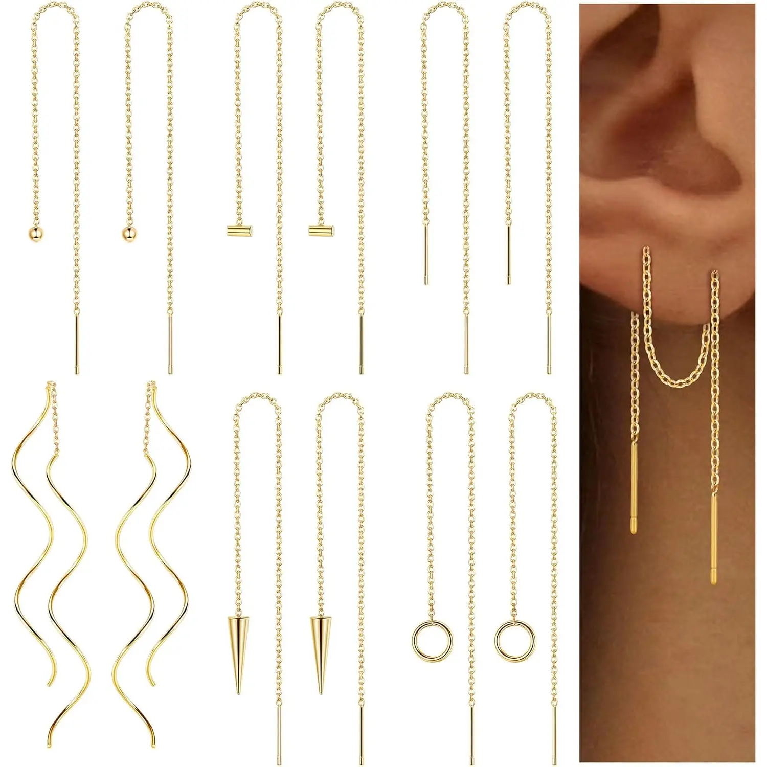 Drperfect 6 Pairs Stainless Steel Chain Tassel Earrings for Women Lightweight Wave Threader Ball Dangle Drop Minimalist Chain Earrings Set
