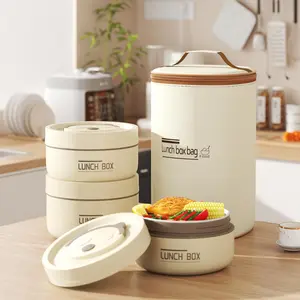 4-Piece Insulated Stainless Steel Round Bento Box Set, 4-Layer Stackable Leakproof Microwave-Safe Thermal Food Container with Beige Insulated Lunch Bag for Adults, Outdoor Tableware for Camping & Picnic
