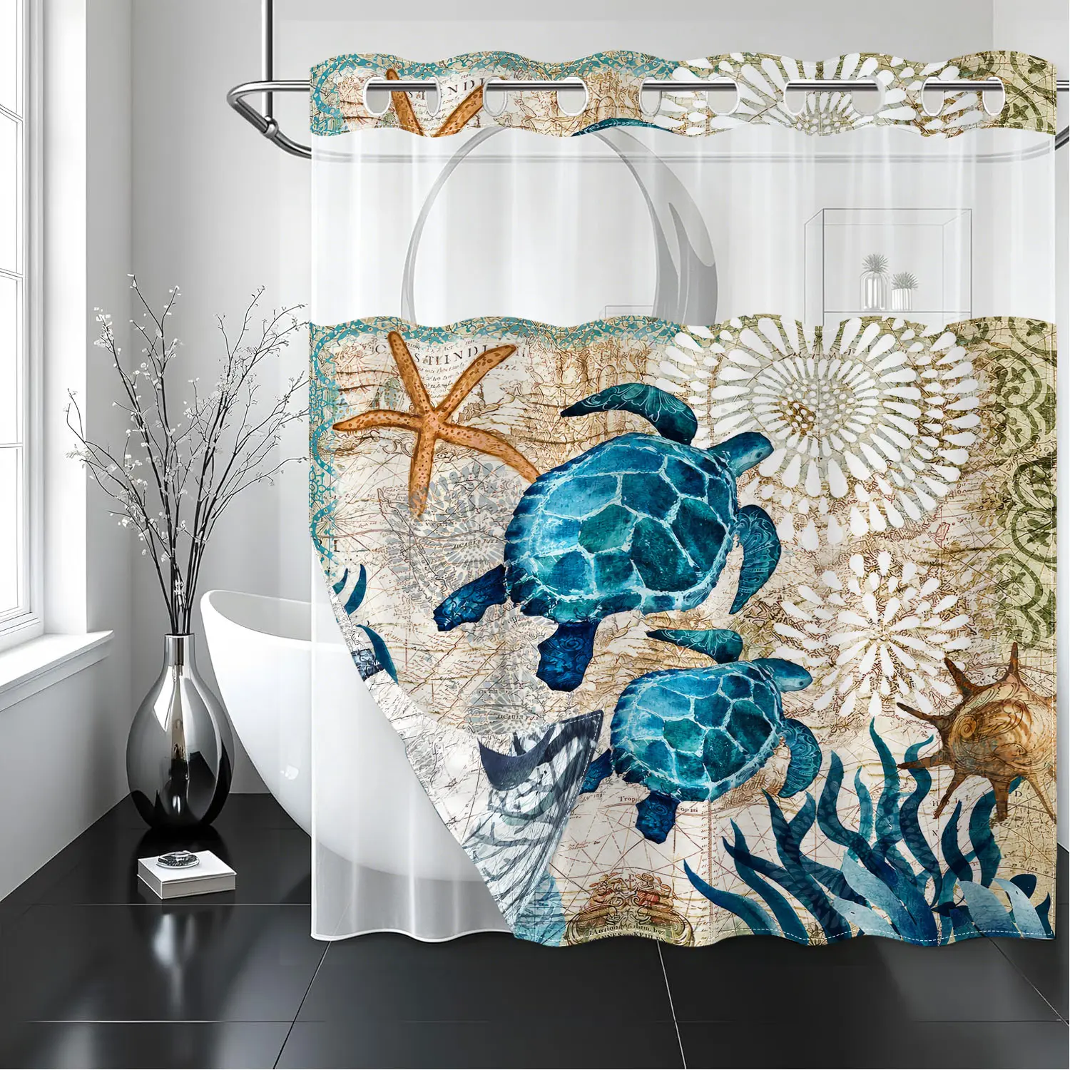 Ocean Sea Turtle Shower Curtain, 2-in-1 Hookless Double Layer Shower Curtain | Waterproof & Mildew Resistant | Vintage Ocean Map, Blue Sea Turtle & Starfish Design | Easy Install Rings