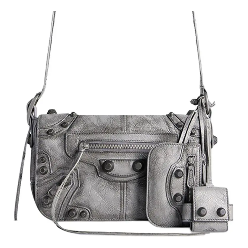 Balenciaga Le Cagole Mini Flap Crossbody Bag for Men, Lambskin with Front Zip Pocket, Gray