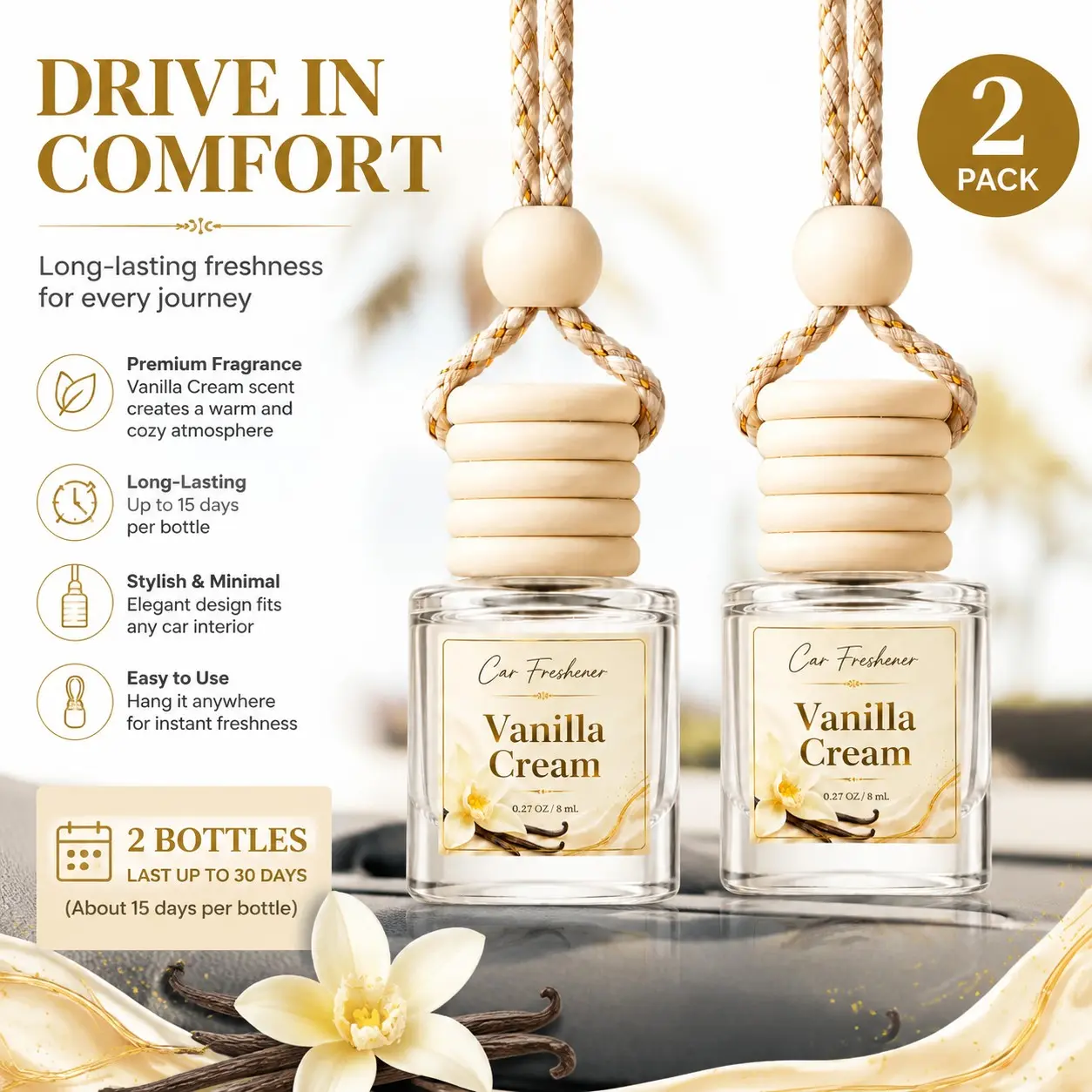 2 Pack Vanilla Cream Car Air Freshener, Long Lasting Sweet Scent, 8ML Bottle, Hanging Car Freshener for Auto Interior, Car Accessories