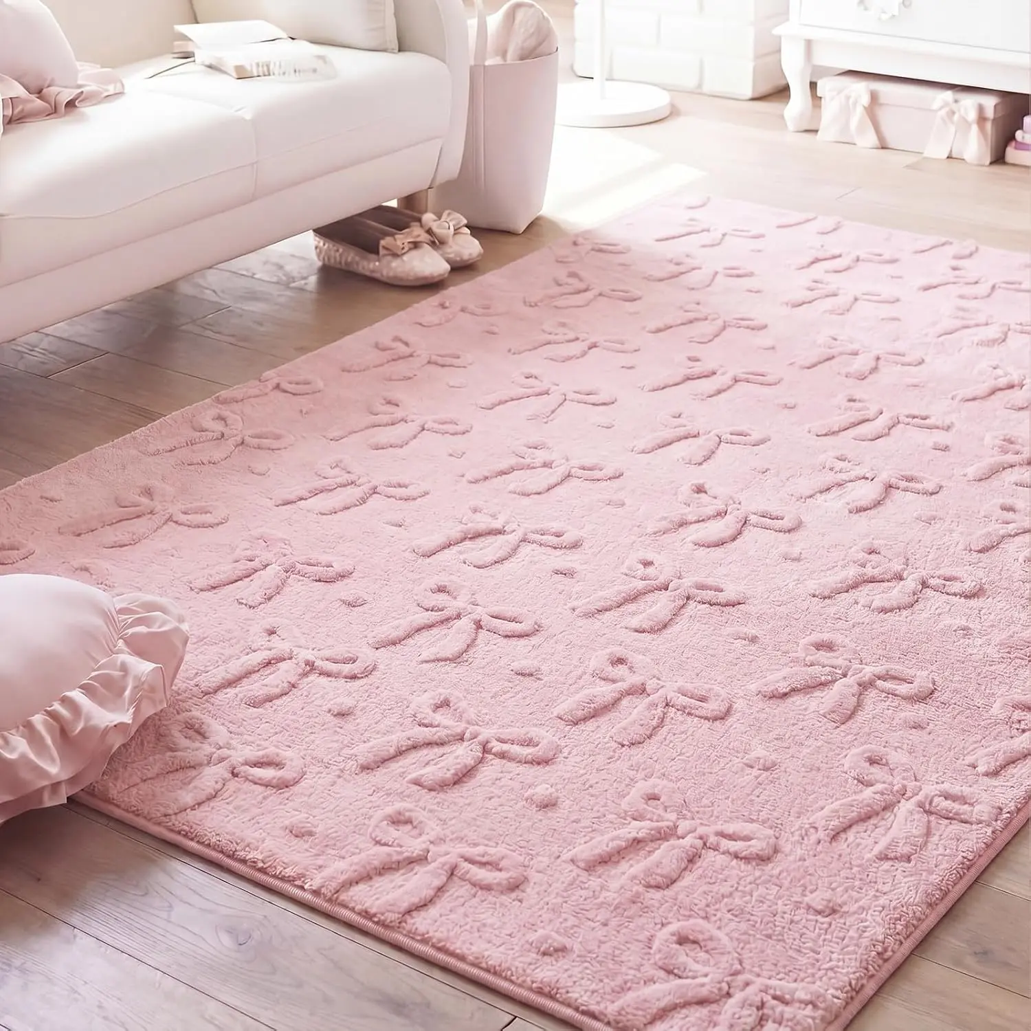 Bow Area Rugs 4 x 6 ft Cute Sweet Throw Rugs  Plush Faux  Aesthetic Soft Bedroom Carpet for Living Room Dining Playroom  Family Indoor Dorm