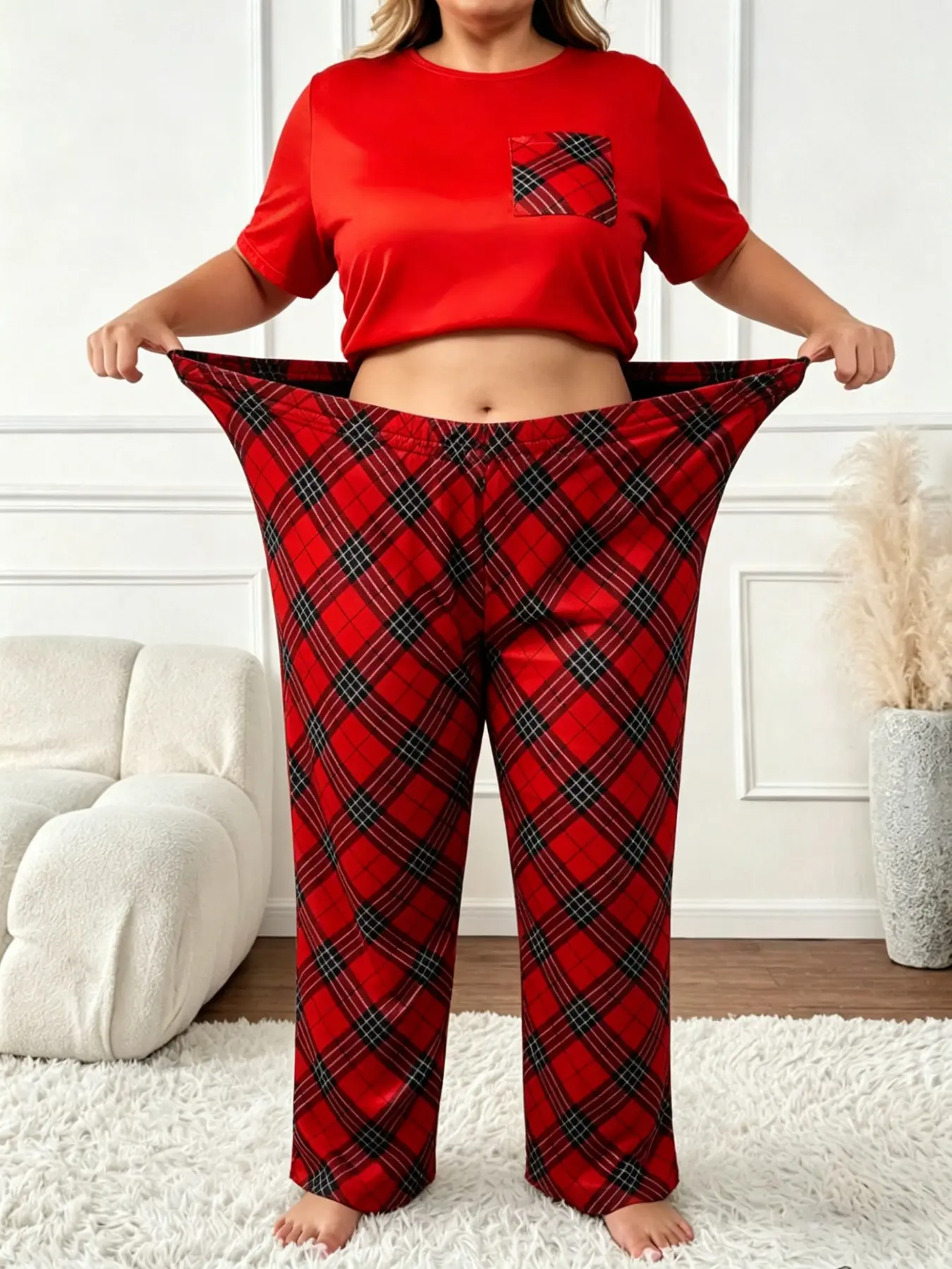 Plus Size Women's Short Sleeve Pajama Set, Plaid Snowflake Long Pants, Christmas Style Two-Piece Comfort Home Wear, Plus Size Pjs Sets, Red pjs sets, Pyjamas, Loungewear, Nightwear
