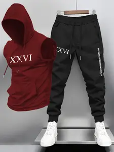 Men's Fashion Hooded Vest Long Pants Set, Casual Roman Numeral Print, Loyalty Slogan Design, Loose Fit Jogger Pants, Trendy Sportswear