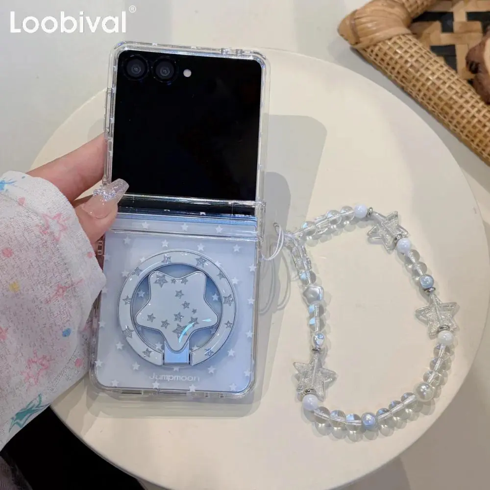 For Magsafe White Star Transparent Lanyard Case For Samsung Galaxy Z Flip 8 7 6 5 Flip7 Flip8 Magnetic Bracket Wrist Strap Cover