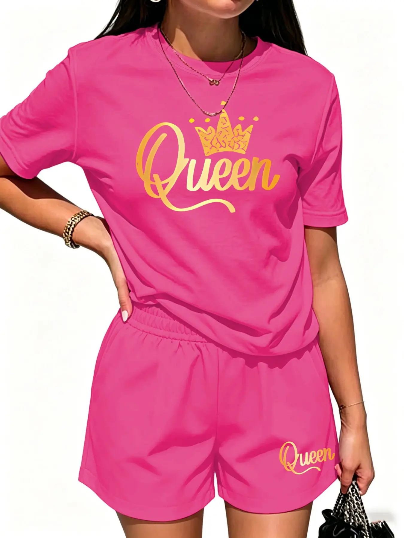 Summer New Gold Foil Gradient Queen Crown Handwritten English Print, Confident Queen Style Sweet Cool Girl Loose Home Set