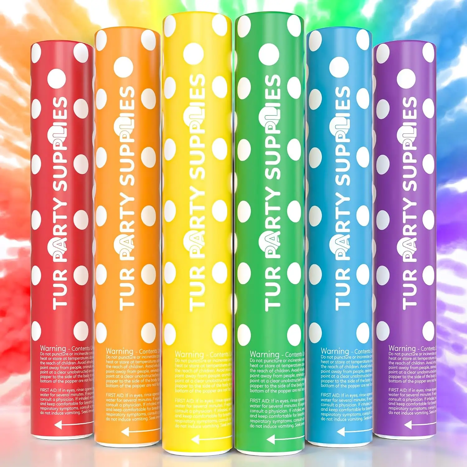 Rainbow Color Powder Cannons and Smoke Bomb Poppers, Biodegradable, 6-Pack