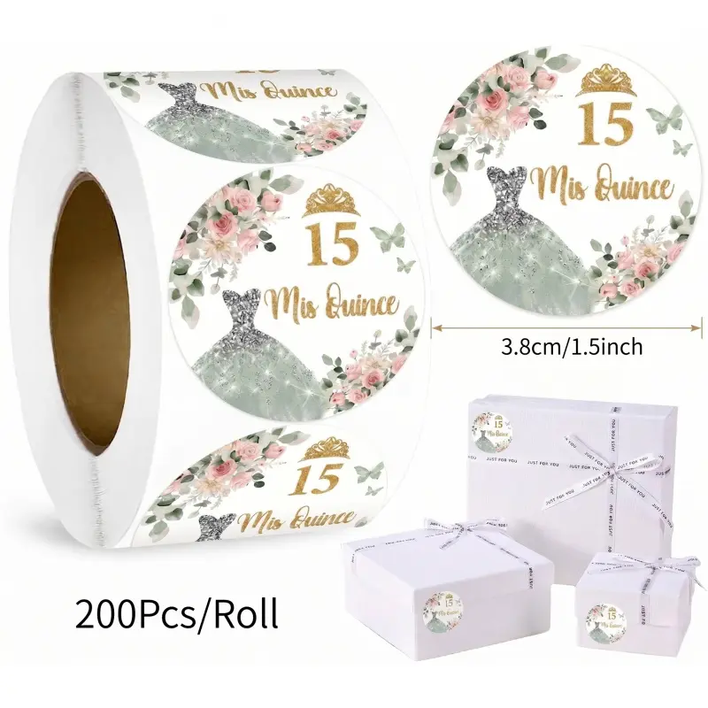200pcs Mis Quince Stickers, Sweet 15 Stickers, Quinceanera Stickers 3.8cm/1.5inch Invitation, Favor Labels for Quinceanera Party Invitations Decoration