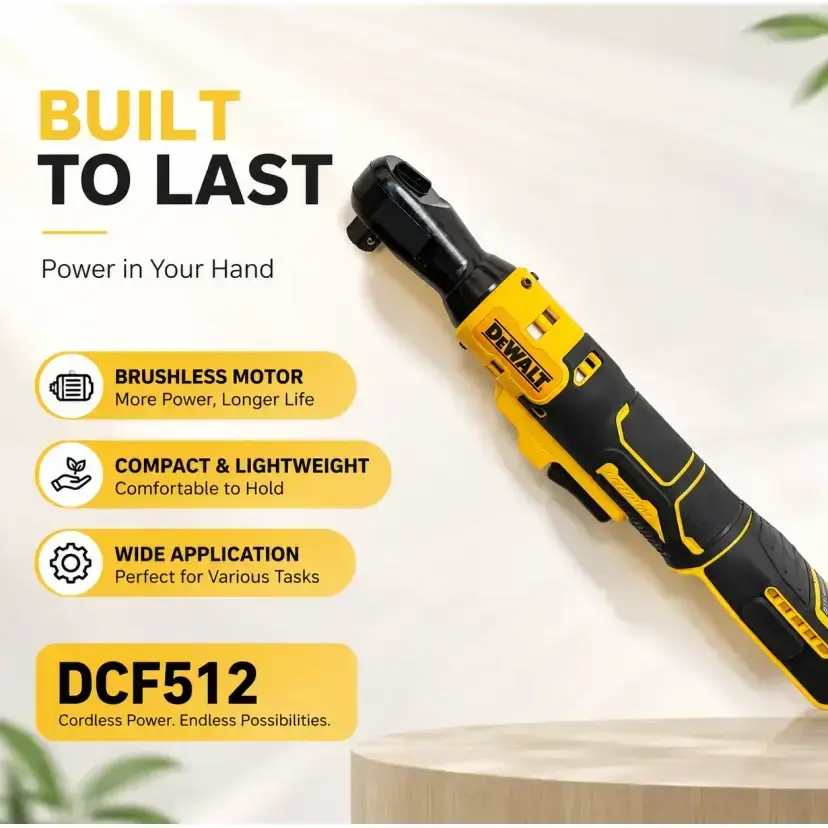 DEWALT DCF512 20V Brushless Cordless Ratchet Wrench Kit - 20v Power, 1/2 in Right Angle Drive, Lithium Ion Battery & Quick Charger, Stable Torque, Compact Design, Long Service Life for Mechanics, Auto Repair, 3 Piece Set, Compact Design For